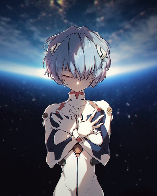 Rei Ayanami in a white bodysuit against Earth
