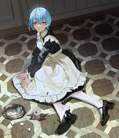 Ayanami Rei in a Maid Outfit with Broken Dishes