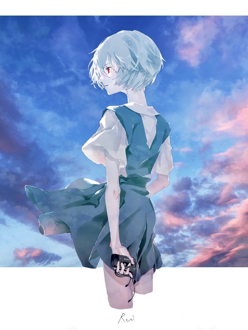 Ayanami Rei with a camera against a cloudy sky