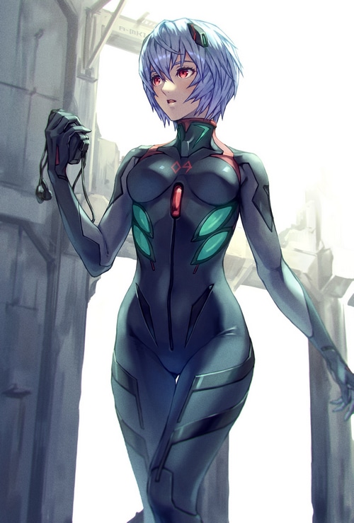 Rei Ayanami in Evangelion Plugsuit Holding Earbuds