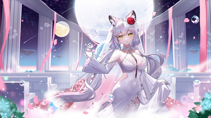 Anime fox girl in a wedding dress under the moon