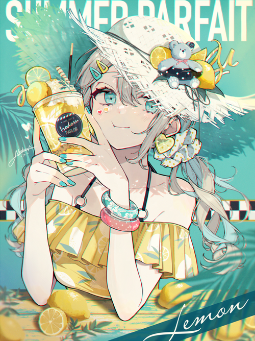 Anime Girls Drink Lemons Straw Hat Hat Teddy Bears Blue Eyes Akakura Pixiv Hd Phone 0385