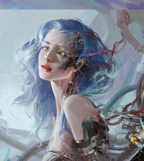 Fantasy cyborg girl with blue hair and mechanical parts