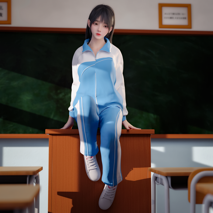 4K Asian girl in school uniform sitting on desk