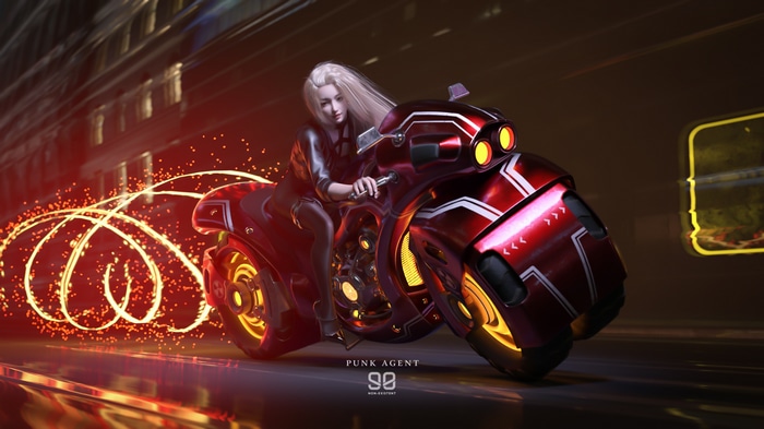 Punk Agent riding a futuristic motorcycle
