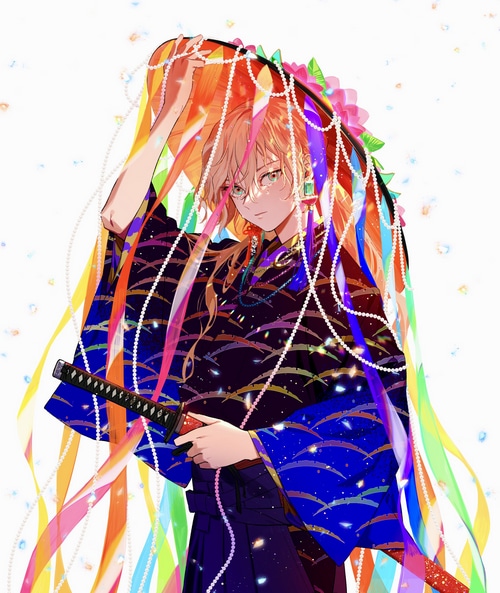 Anime boy in kimono with sword and colorful hat