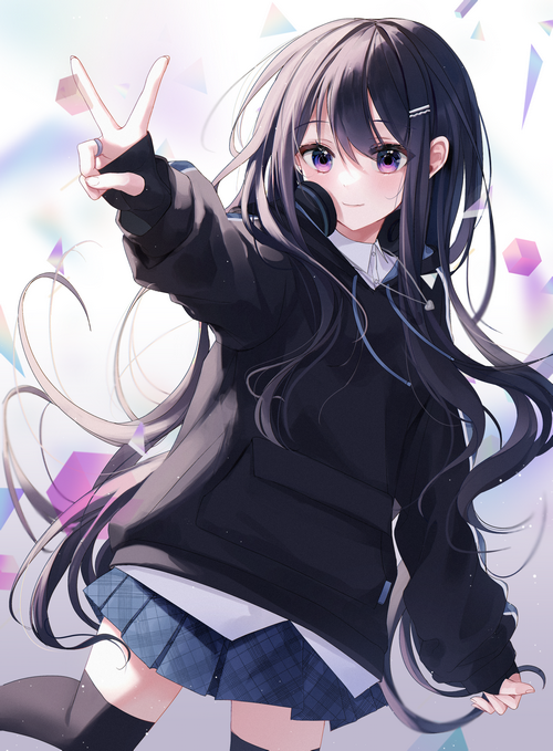Anime girl with headphones making a peace sign