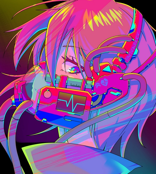 Anime girl with colorful mask and wires