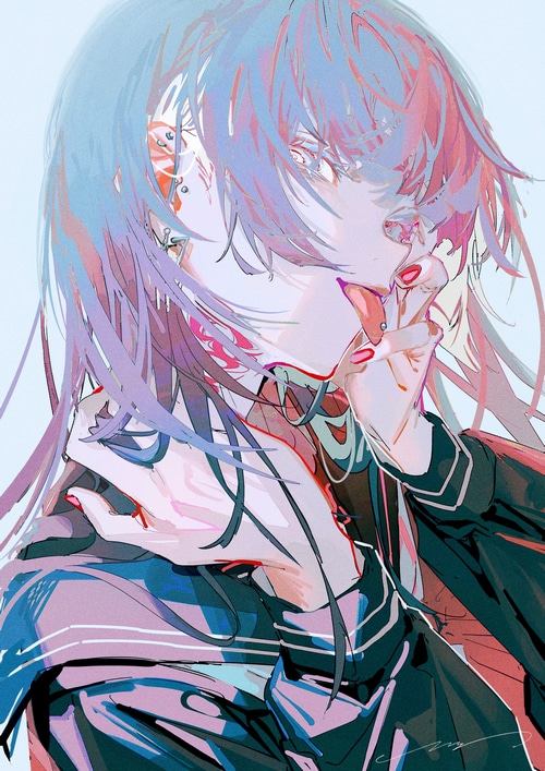 Anime girl with purple hair sticking out her tongue
