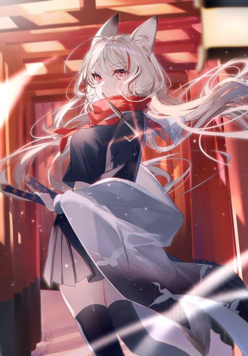 Anime Fox Girl with Sword and Red Scarf