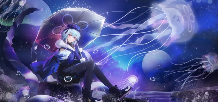Mizuki with umbrella and jellyfish in starry sky