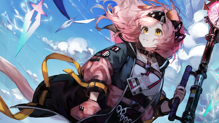 Girl with pink hair and yellow eyes holding a staff