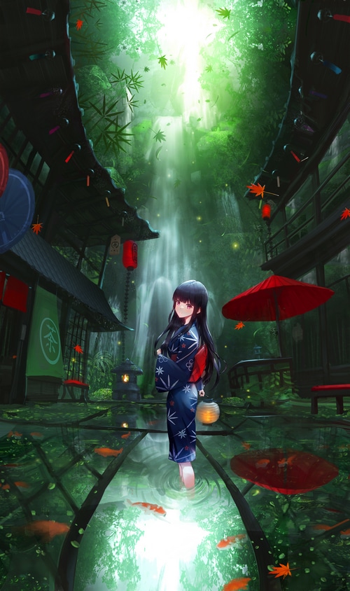 Anime girl in yukata by waterfall with koi pond