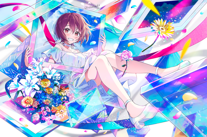 Anime girl with flowers and colorful geometric shapes