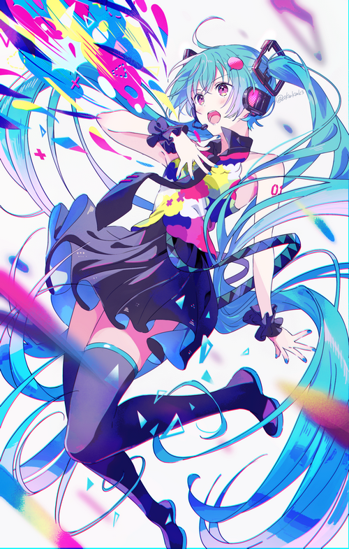 Hatsune Miku singing and dancing with colorful energy