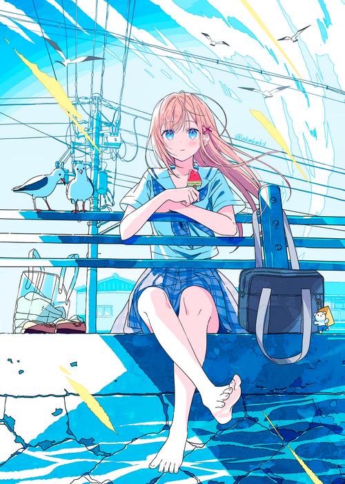 Schoolgirl with pink hair eating popsicle by the sea
