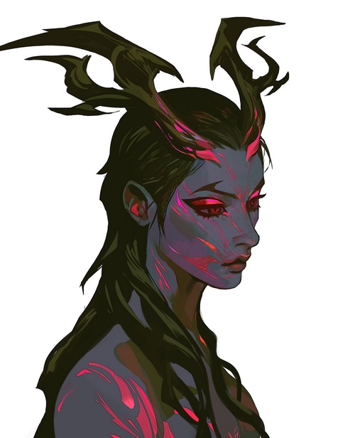 Fantasy art of a demon girl with red eyes and horns
