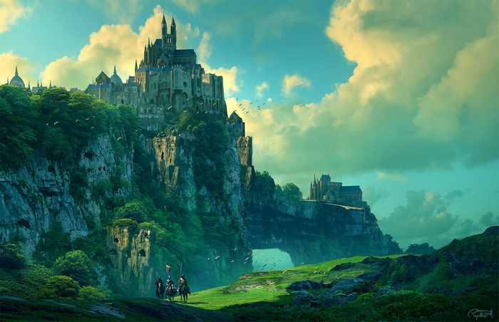 Fantasy castle on a cliff by Raphael Lacoste