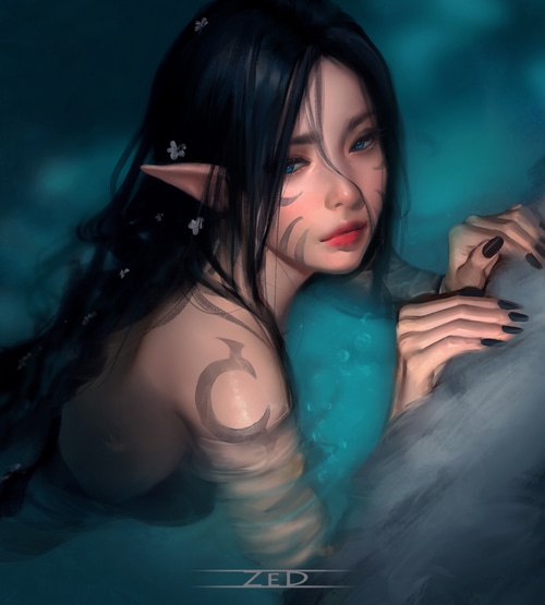 Digital painting of a mermaid with black hair and blue eyes