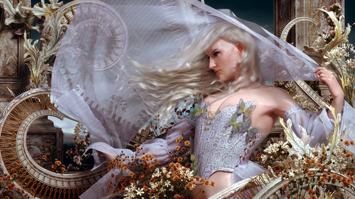Fantasy art of a blonde woman in a corset with flowers