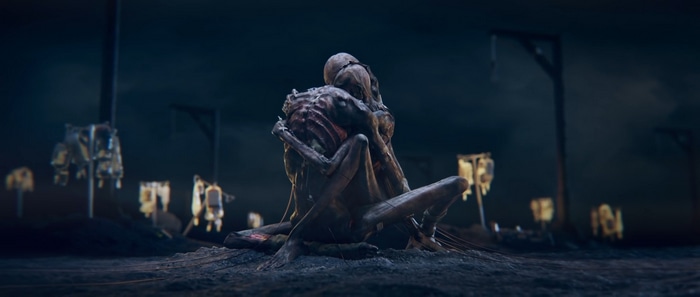 Two skeletal figures embracing in a desolate landscape