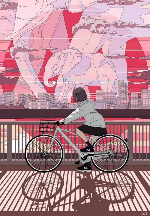 Girl riding a bicycle with elephants in the sky