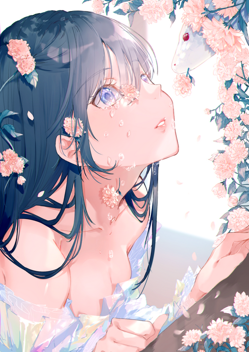 Girl with blue hair and blue eyes with flowers and a snake