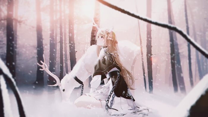 Girl with horns and deer in snow