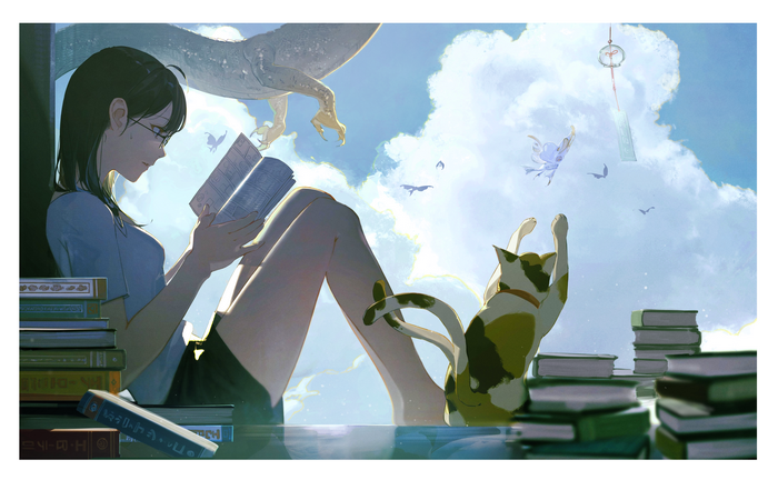 Girl reading with a cat and a dragon in the sky