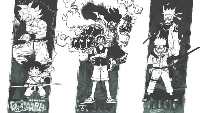 Goku, Luffy, and Naruto collage