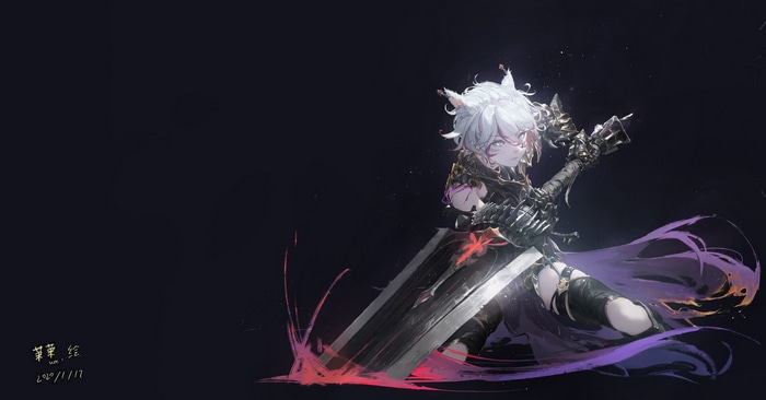 Anime girl with white hair and animal ears holding a sword