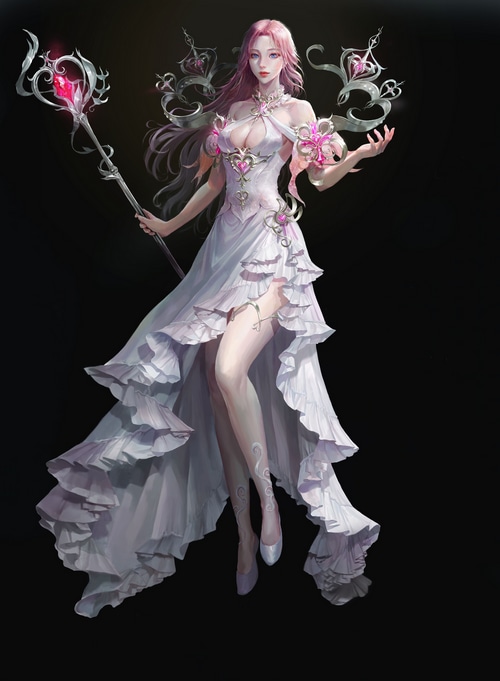 Fantasy girl with pink hair holding a staff