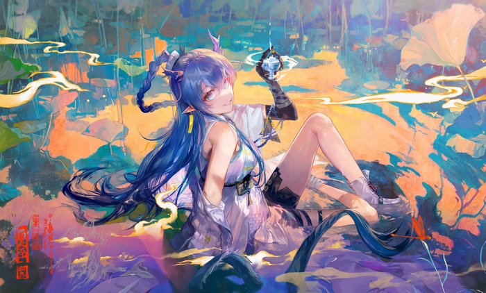 Ling from Arknights in a lotus pond