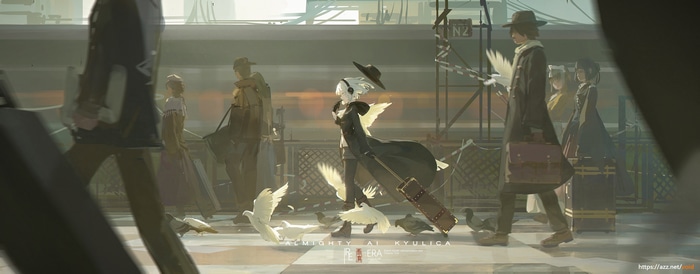 Anime characters with birds and luggage at a station