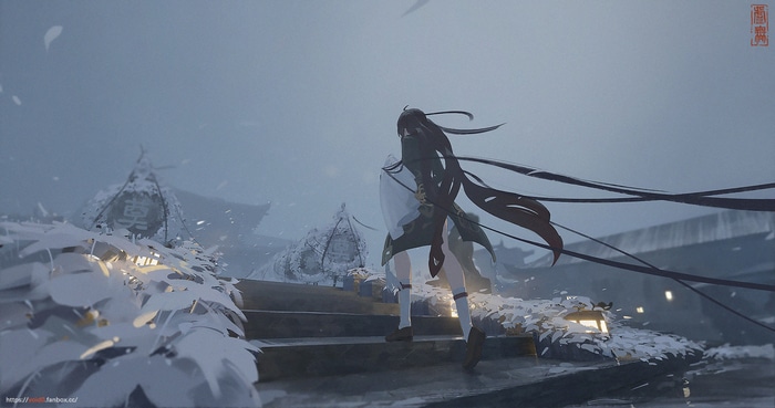 Hu Tao walking up stairs in a snowy Genshin Impact scene