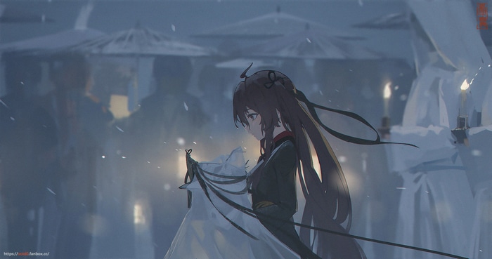 Genshin Impact Hu Tao in a snowy procession