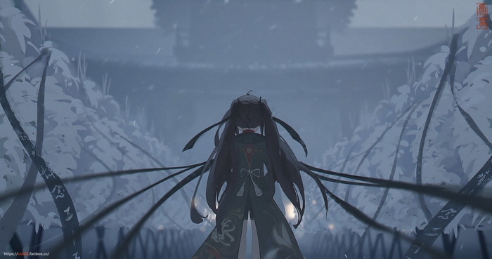 Hu Tao from Genshin Impact in a snowy environment