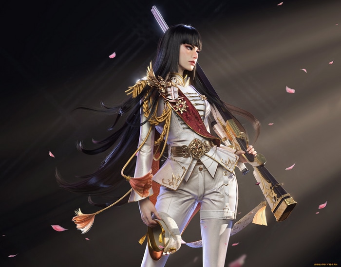 Woman in white military uniform holding a sniper rifle