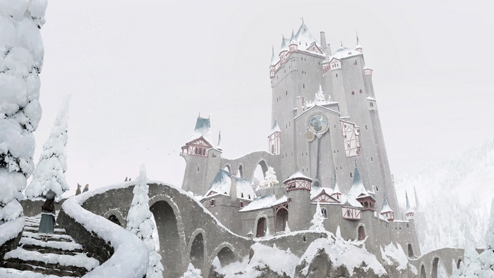 Snowy fantasy castle with a bridge and a person