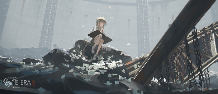 Girl sitting in ruins surrounded by butterflies