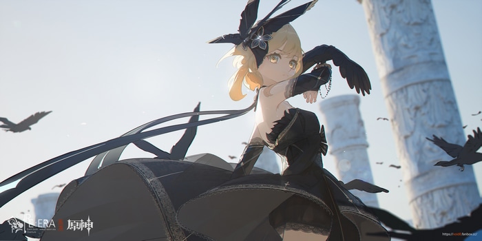 Lumine in a black dress with crows and ruins