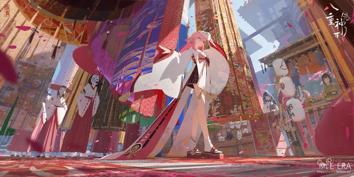 Yae Miko and shrine maidens in a festival setting