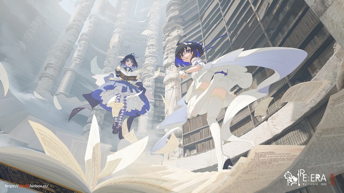 Seele Vollerei in a library with floating books