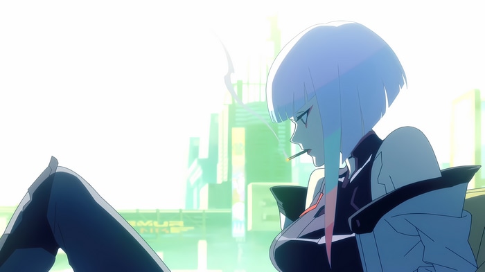 4K Anime screenshot of Lucy smoking