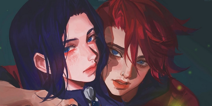 Arcane characters with blue eyes and purple hair