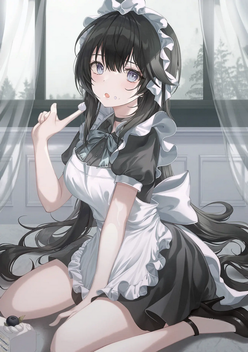 Maid girl with blue eyes and cake