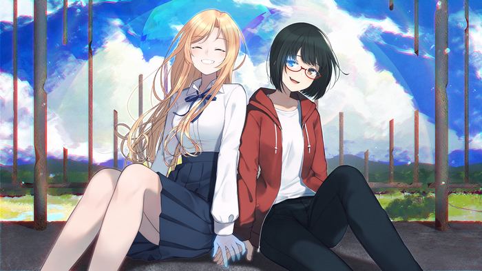 Two women holding hands with glasses