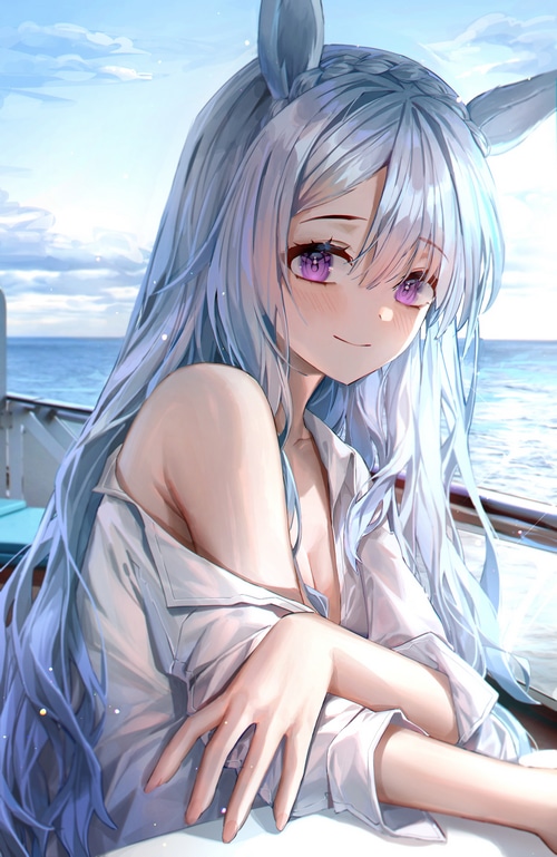 Horse girl with blue hair and purple eyes on a boat
