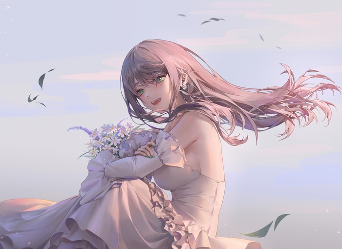 4K anime girl in wedding dress with flowers