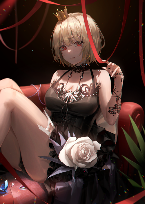 Anime girl with crown and red eyes wearing black dress